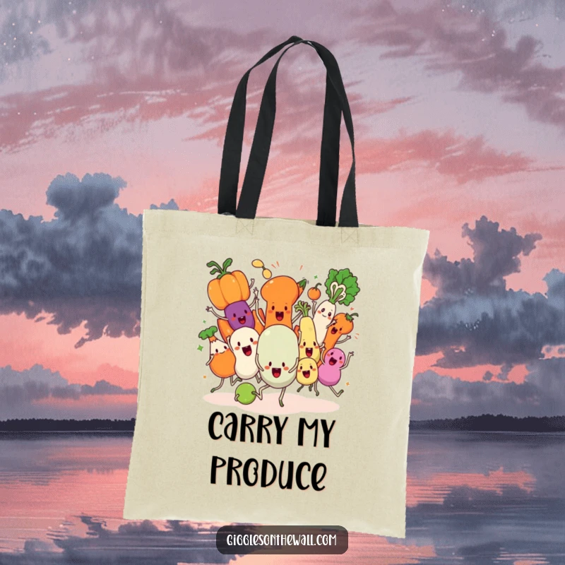 Funny Veggie Dance Tote Bag, showcasing animated vegetables participating in a chaotic synchronized dance, great for shopping.