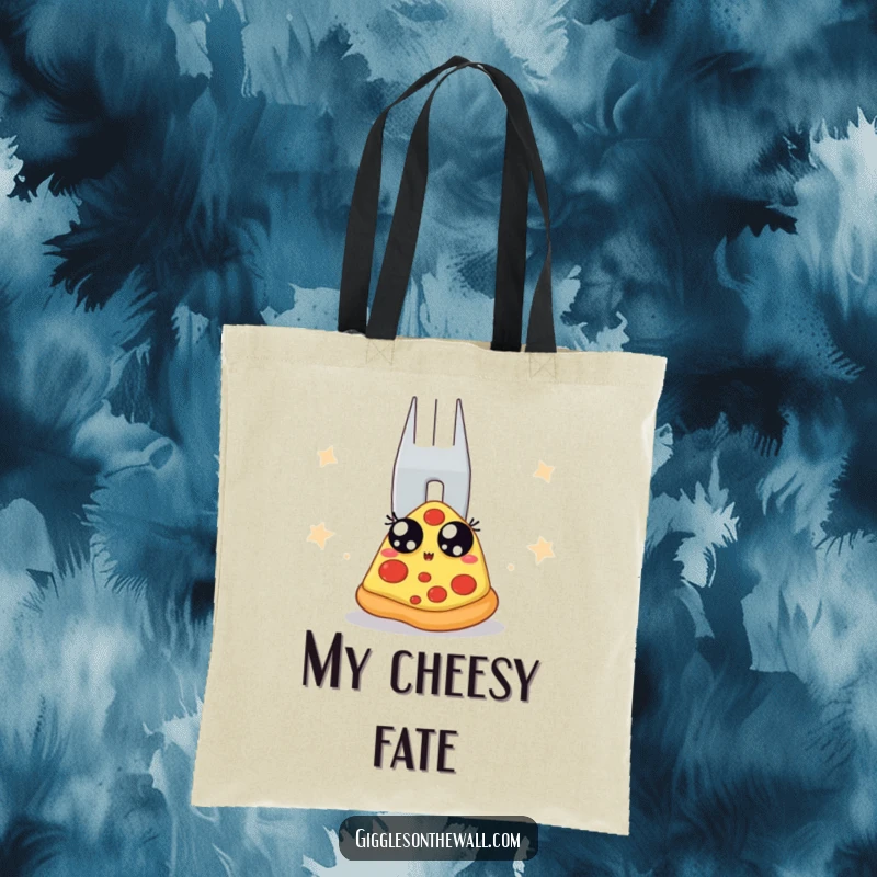 Funny tote bag showing a pizza slice scared of a large fork backstage. Practical and humorous storage for everyday use.