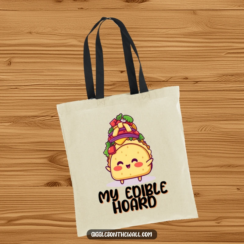 Funny blushing taco character attempting to balance excessive toppings on a tote bag, creating a humorous and practical accessory.