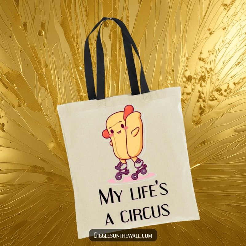 Funny tote bag featuring a hot dog attempting to roller skate with a comical wobble, practical and humorous.